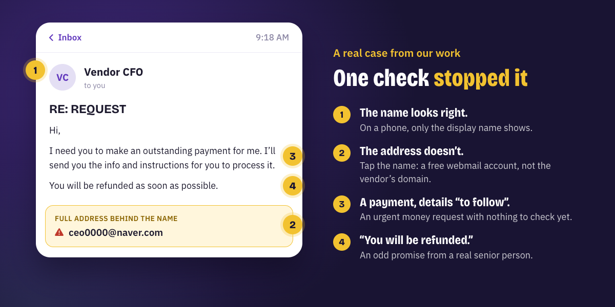 The phishing e-mail from the real case: a senior person’s name as the sender, the subject RE: REQUEST, and a request to make an outstanding payment. Checking the full address shows a free webmail account.